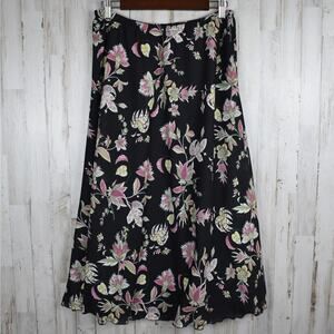 Y2K Vintage Black Floral Midi Skirt Women's 14 Flowy Coquette Boho Romantic 90s